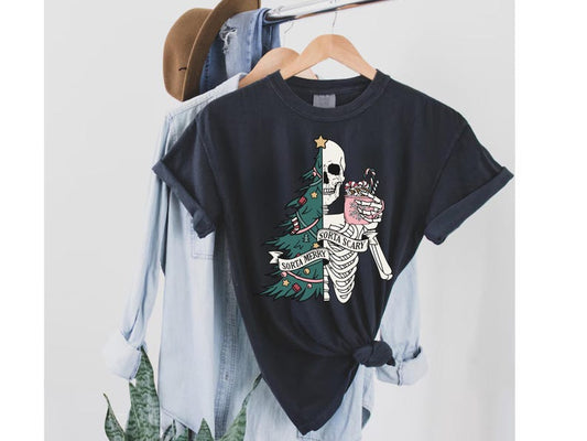 Sorta Merry Sorta Scary coffee skeleton on a unisex Christmas Halloween T-shirt