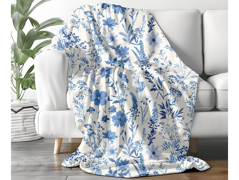 Toile De Jouy Plush Blanket - Vintage Floral Blue Pattern Throw Blanket