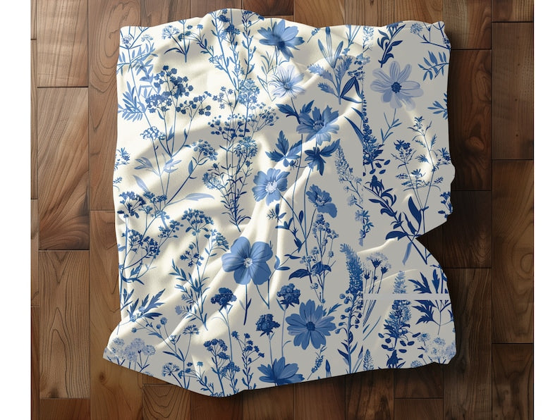 Toile De Jouy Plush Blanket - Vintage Floral Blue Pattern Throw Blanket