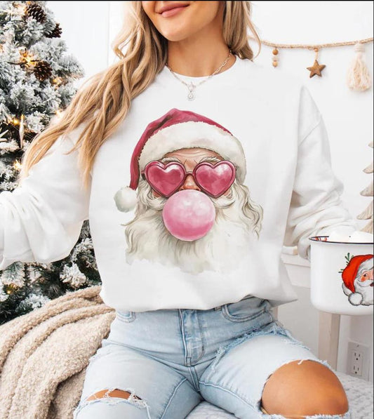 Trendy Santa Sweatshirt - Cute Christmas Bubblegum Santa with Heart Sunglasses Graphic