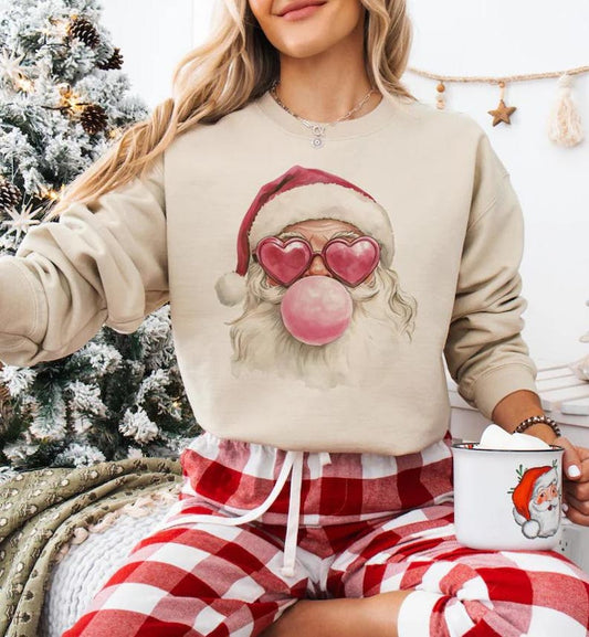 Trendy Santa Sweatshirt - Cute Christmas Bubblegum Santa with Heart Sunglasses Graphic