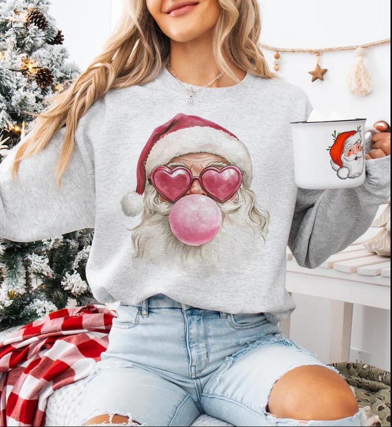 Trendy Santa Sweatshirt - Cute Christmas Bubblegum Santa with Heart Sunglasses Graphic