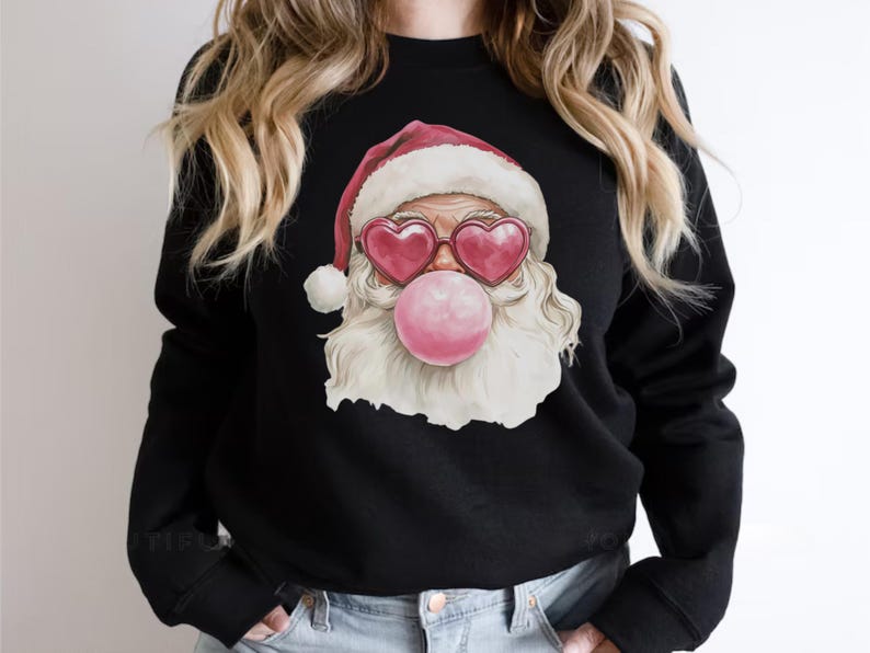 Trendy Santa Sweatshirt - Cute Christmas Bubblegum Santa with Heart Sunglasses Graphic