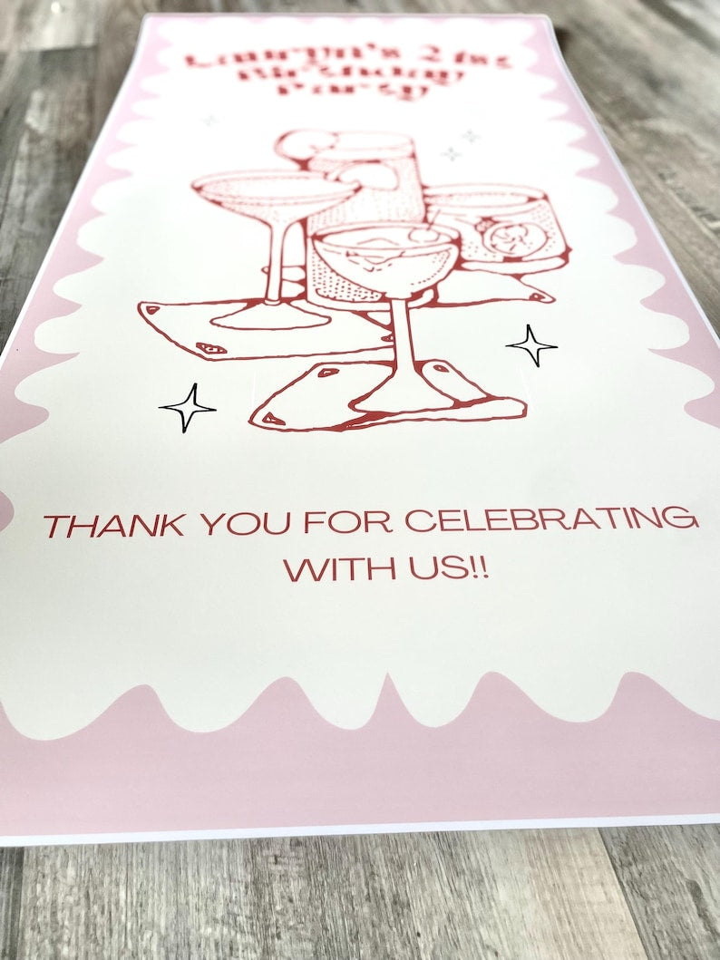 Personalized Birthday Wavy Pink Red Backdrop Banner