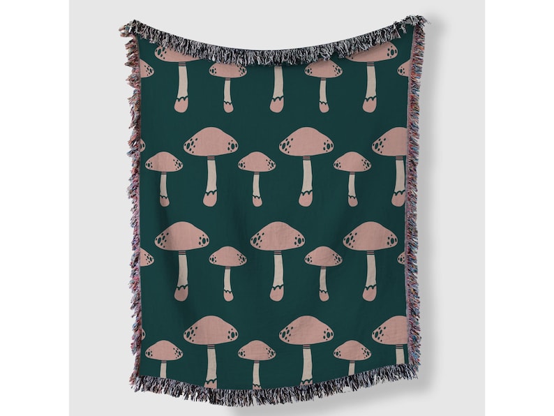 Woven Mushroom Pattern Throw Blanket – Green and Pink Fringe Woven Blanket for Home Decor - 100% Cotton with Toadstool